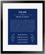 Lilah personalized name art with origin story in deep blue with black matte frame