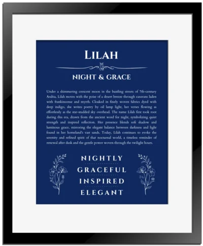 Lilah personalized name art with origin story in deep blue with black matte frame