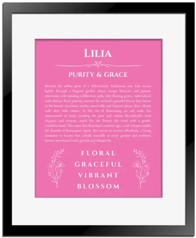 Lilia custom name print for wall display in pink with black matte frame