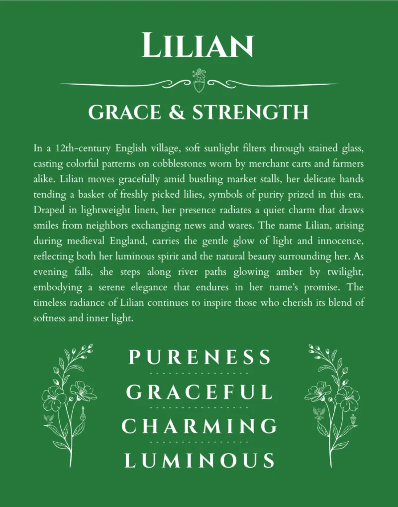 Lilian personalized name print with origin and traits in dark green