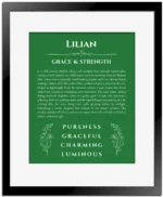 Lilian personalized name print with origin and traits in dark green with black matte frame
