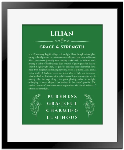 Lilian personalized name print with origin and traits in dark green with black matte frame