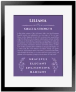 Liliana name meaning gift print in purple with black matte frame