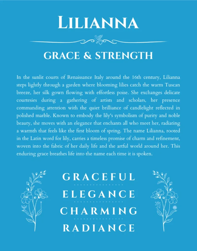 Lilianna personalized name art with origin story in blue