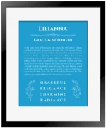 Lilianna personalized name art with origin story in blue with black matte frame
