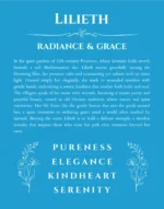 Lilieth name origin print with meaning and traits in blue