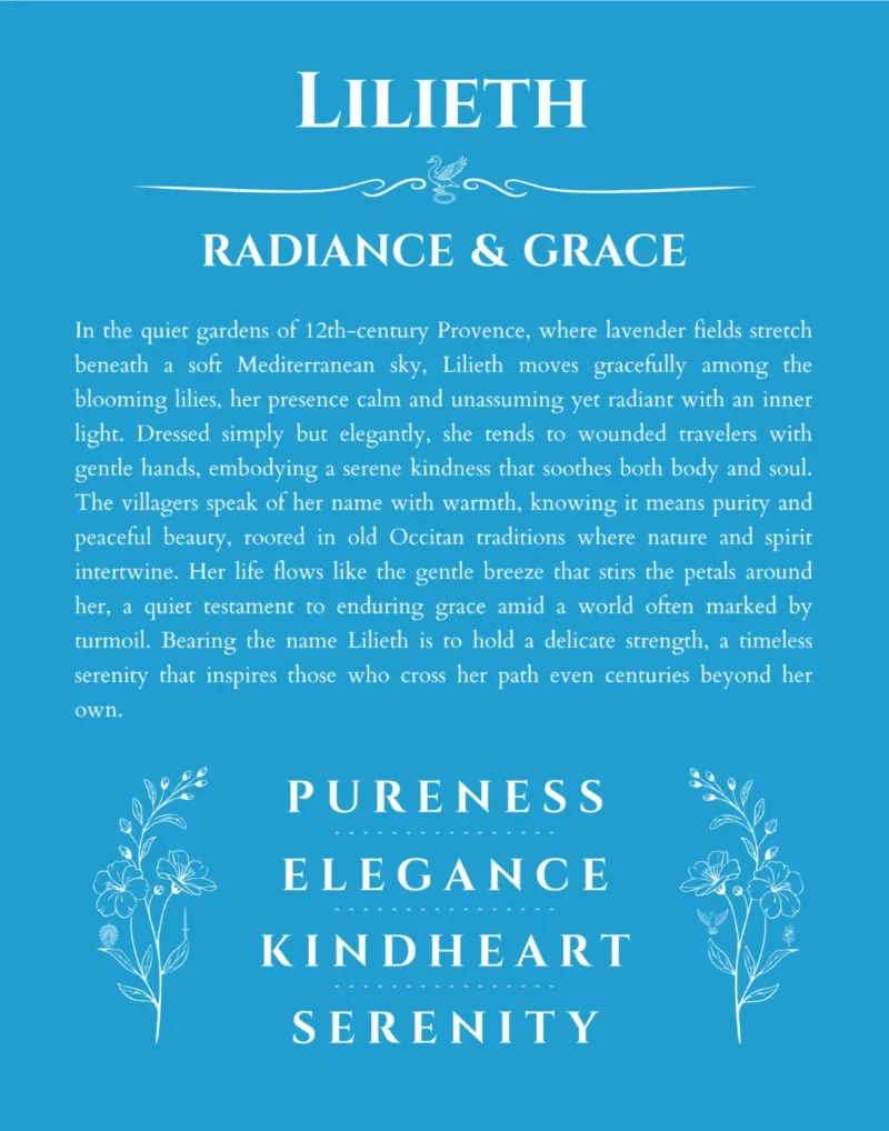 Lilieth name origin print with meaning and traits in blue