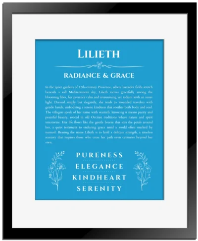 Lilieth name origin print with meaning and traits in blue with black matte frame