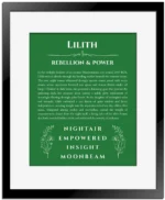 Lilith personalized name meaning print in dark green with black matte frame