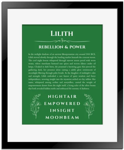 Lilith personalized name meaning print in dark green with black matte frame