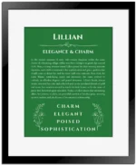 Lillian custom name meaning print in dark green with black matte frame
