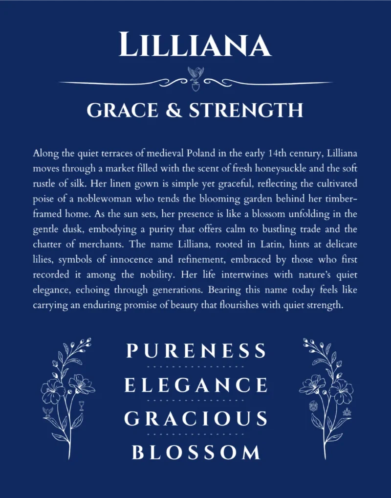 Lilliana personalized name art with origin story in deep blue