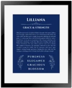 Lilliana personalized name art with origin story in deep blue with black matte frame