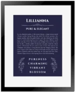 Lillianna personalized name print with origin and traits in navy blue with black matte frame