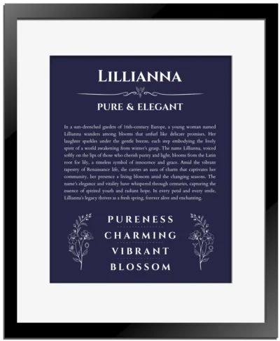 Lillianna personalized name print with origin and traits in navy blue with black matte frame