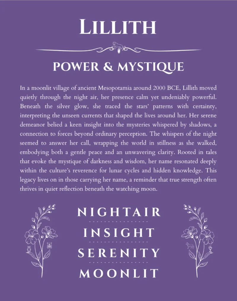 Lillith custom name art showing meaning and origin in purple