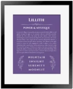 Lillith custom name art showing meaning and origin in purple with black matte frame