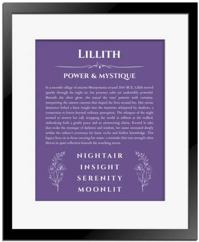 Lillith custom name art showing meaning and origin in purple with black matte frame