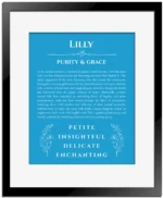 Lilly personalized name meaning print in blue with black matte frame