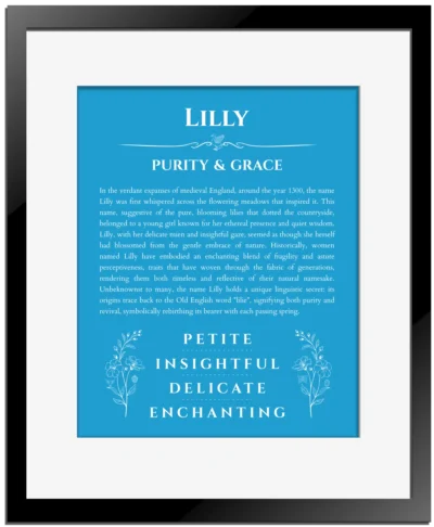 Lilly personalized name meaning print in blue with black matte frame