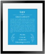 Lily custom name art showing meaning and origin in blue with black matte frame