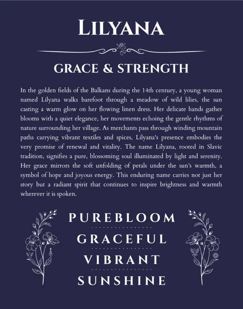 Lilyana personalized name art with origin story in navy blue