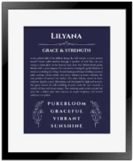 Lilyana personalized name art with origin story in navy blue with black matte frame