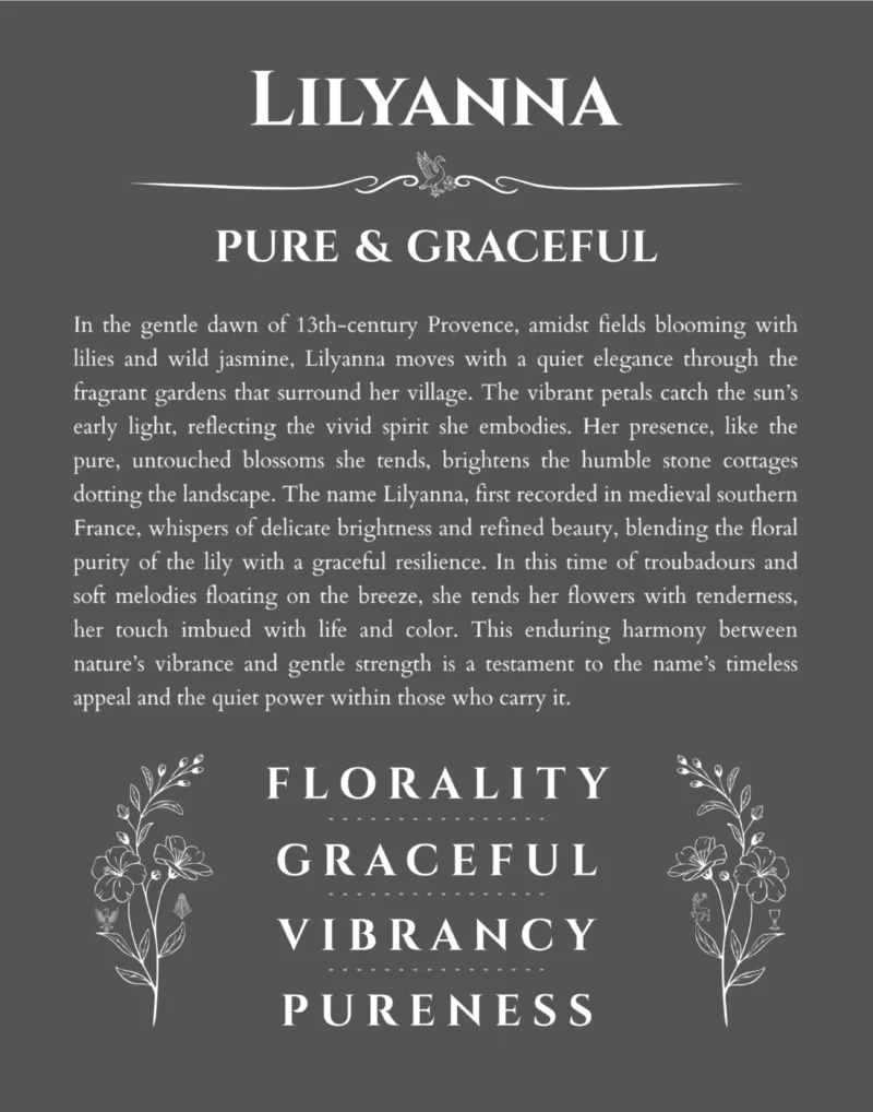 Lilyanna name origin print with meaning and traits in gray