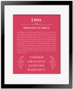 Lina personalized wall art with the story of your name in red with black matte frame