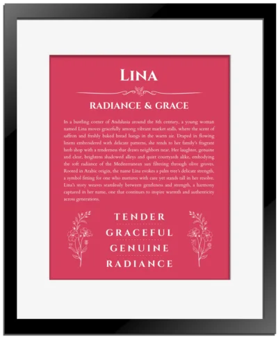 Lina personalized wall art with the story of your name in red with black matte frame