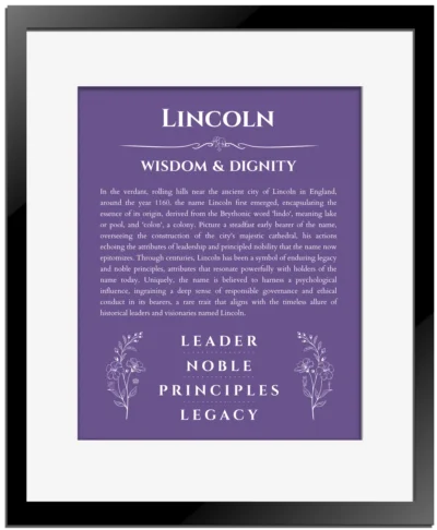 Lincoln name meaning wall art by Get Your Story in purple with black matte frame