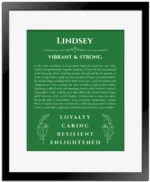 Lindsey personalized wall art with the story of your name in dark green with black matte frame
