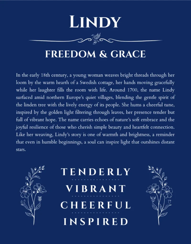 Lindy name origin print with meaning and traits in deep blue