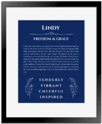 Lindy name origin print with meaning and traits in deep blue with black matte frame