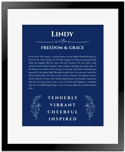 Lindy name origin print with meaning and traits in deep blue with black matte frame