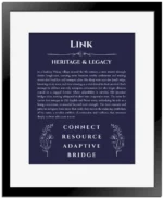 Link custom name meaning print in navy blue with black matte frame