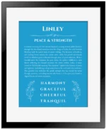 Linley personalized name print with origin and traits in blue with black matte frame