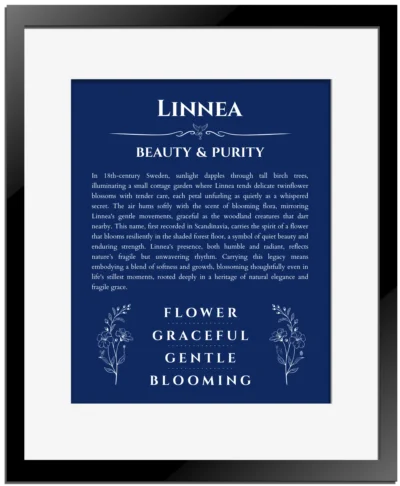 Linnea custom name print for wall display in deep blue with black matte frame