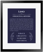 Lino name meaning wall art by Get Your Story in navy blue with black matte frame