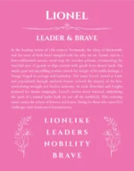 Lionel personalized name print with origin and traits in pink