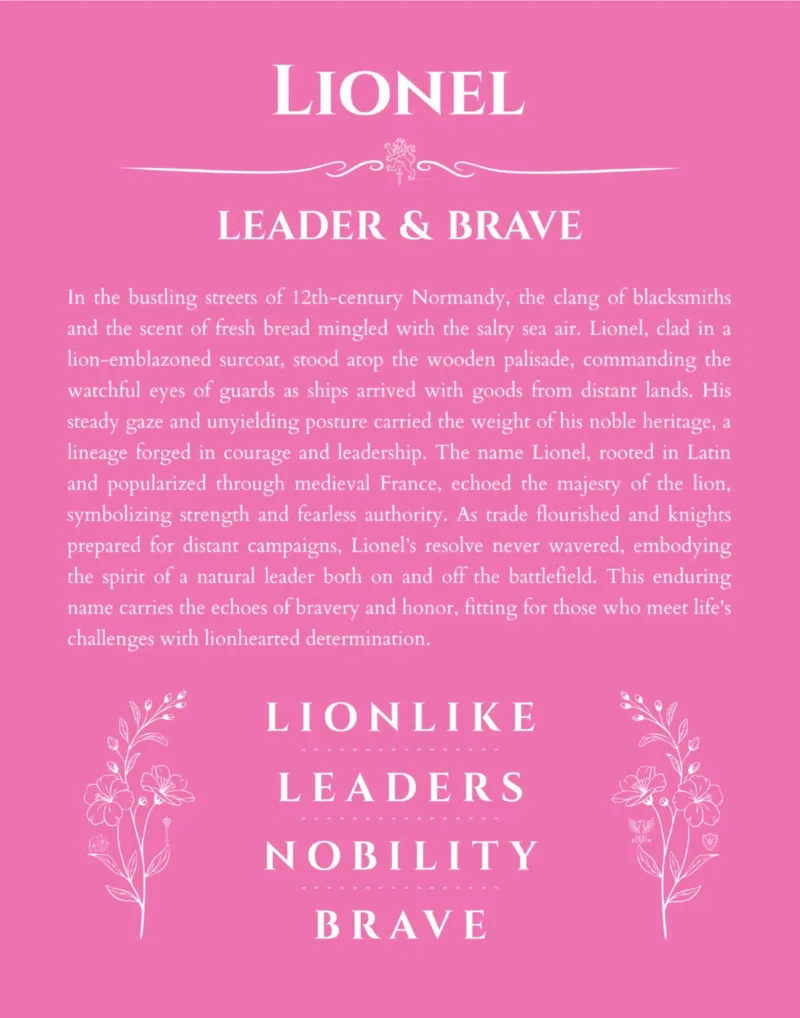 Lionel personalized name print with origin and traits in pink