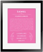 Lionel personalized name print with origin and traits in pink with black matte frame