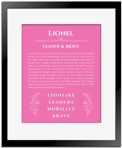Lionel personalized name print with origin and traits in pink with black matte frame