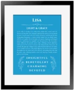 Lisa personalized wall art with the story of your name in blue with black matte frame