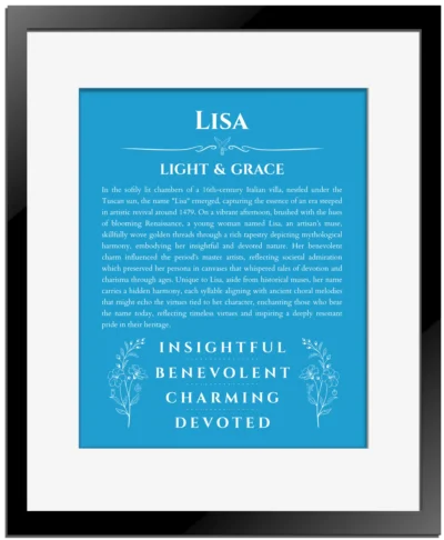Lisa personalized wall art with the story of your name in blue with black matte frame