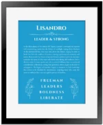 Lisandro personalized name art with origin story in blue with black matte frame