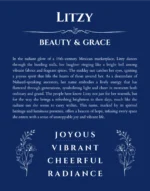 Litzy name origin print with meaning and traits in deep blue