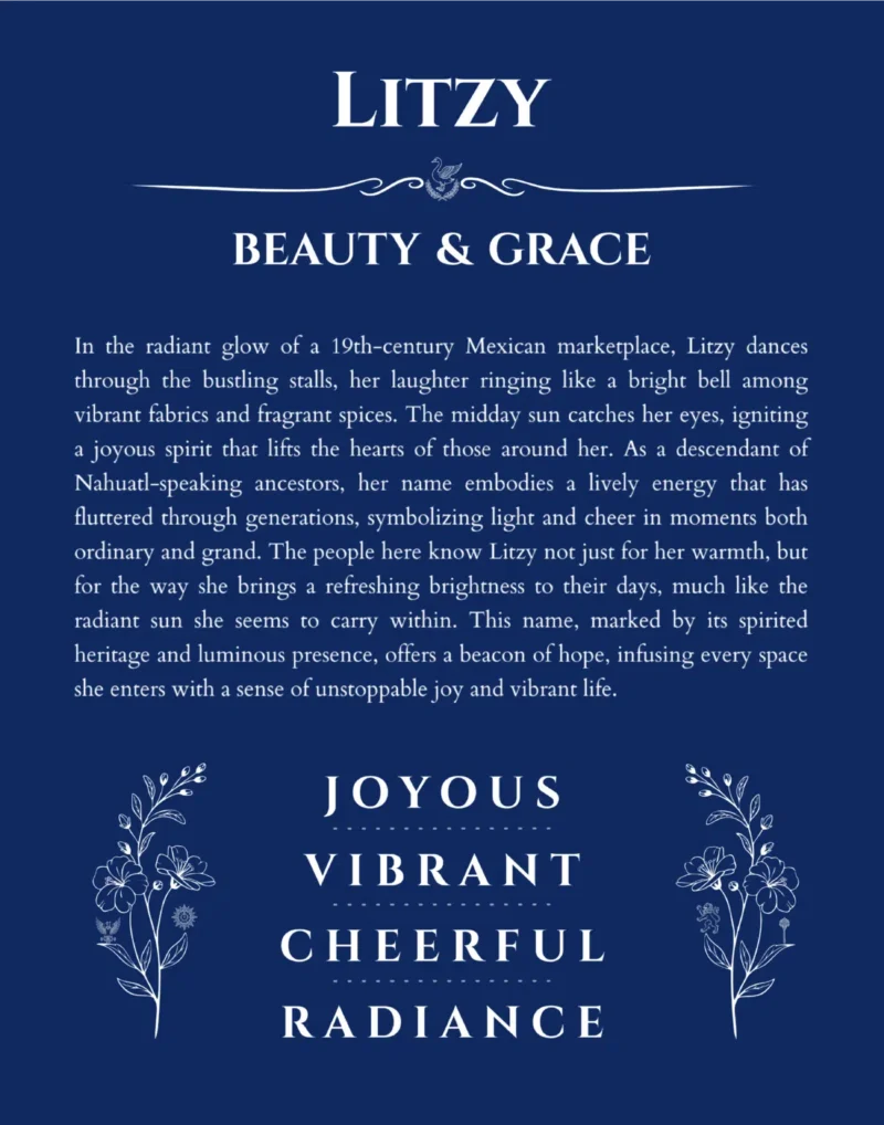 Litzy name origin print with meaning and traits in deep blue