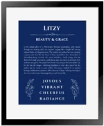 Litzy name origin print with meaning and traits in deep blue with black matte frame