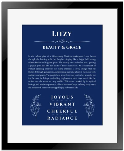 Litzy name origin print with meaning and traits in deep blue with black matte frame